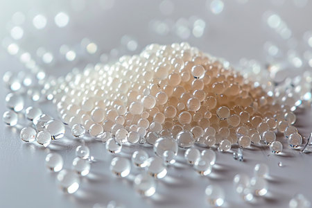 Crystal Clear A Stunning 8K Commercial Photography Shoot with Scattered Transparent Absorbent Beads on a White Background, created with Generative AI technologyの素材
