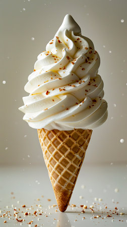 Frosty Vanilla Ice Cream Cone on Bright Background, High Definition 8K Commercial Photography Shot with Camera, created with Generative AI technologyの素材