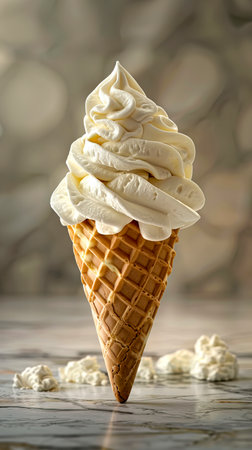 Creamy Delights High Definition Commercial Photography of White Ice Cream Cone on Light Background in 8K HD, Captured with Bright Light Source, created with Generative AI technologyの素材