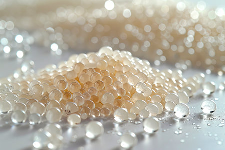 Crystal Clear A Stunning Commercial Photography Shoot on a White Background with Scattered Transparent Absorbent Beads in 8K Resolution, created with Generative AI technologyの素材
