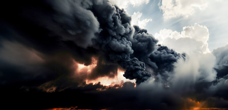 Ravaged Landscape: The Harrowing Beauty of a Black Smoke-Enveloped Scene created with Generative AI technologyの素材