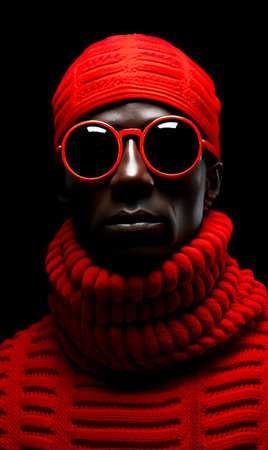 Mysterious Human Portrait in Red Knitted Costume and Glowing Black Glasses on Solid Background created with Generative AI technologyの素材