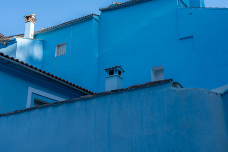 A picturesque view of JÃºzcar, the blue-painted village in Andalusia, Spain, bathed in morning sunlight. Perfect for travel brochures, cultural features, or serene landscape themes.の写真素材