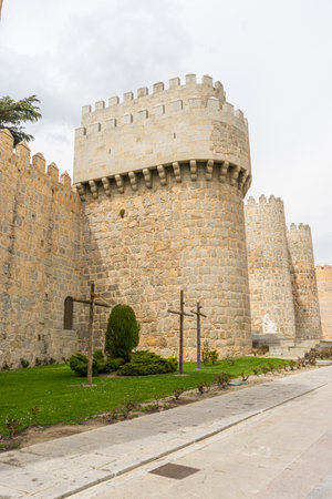 Impressive City Walls of Ãvila, Spain at Sunsetの写真素材