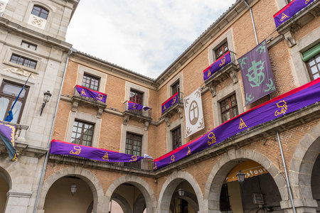 City Hall of Avila Dressed Up for Holy Week with Easter Bannersの写真素材