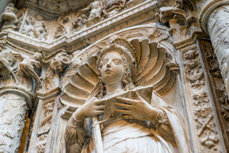 Intricate Bishop Sculpture Inside Ãvila Cathedral - Art and Heritage Photographyの写真素材