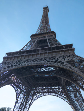 Eiffel Tower from Below with Clear Blue Sky