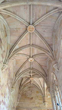 Close view of the stone ceiling inside Sigüenza Cathedral in Spain, highlighting its unique...