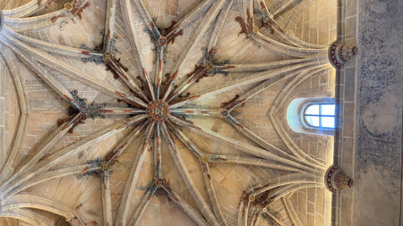 Explore the stunning ceiling of Cathedral of Porquenza, highlighting its intricate Gothic architecture and detailed craftsmanship under soft light that enhances its beauty.の写真素材