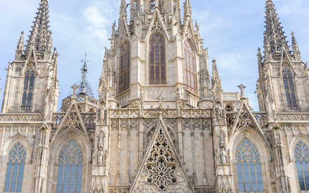 Gothic Catholic Cathedral Facade Barcelona Catalonia Spain. Built in 1298.の写真素材