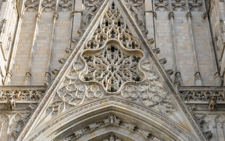 Gothic Catholic Cathedral Facade Barcelona Catalonia Spain. Built in 1298.の写真素材