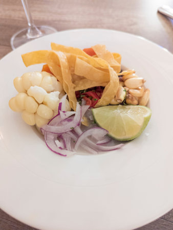 Colorful dish with various ingredients and garnishes., limeの写真素材