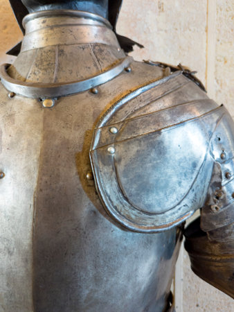 Close-up of a metal armor shoulder piece., details