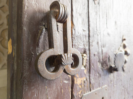 A decorative door handle on a wooden door., metal