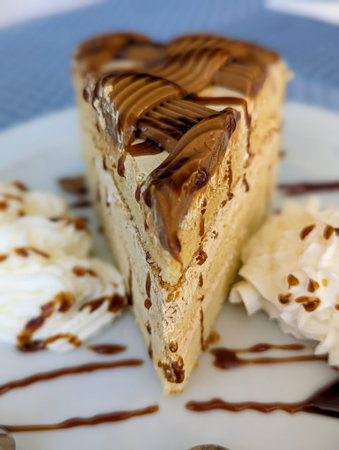 Slice of cake with chocolate drizzle and whipped cream., dessert