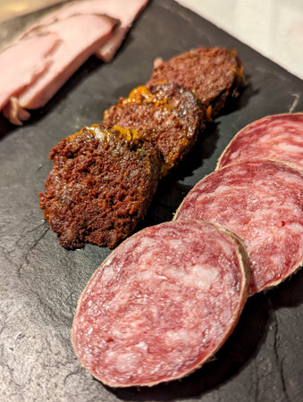 Various types of sliced cured meats on a slate board., salamiの写真素材