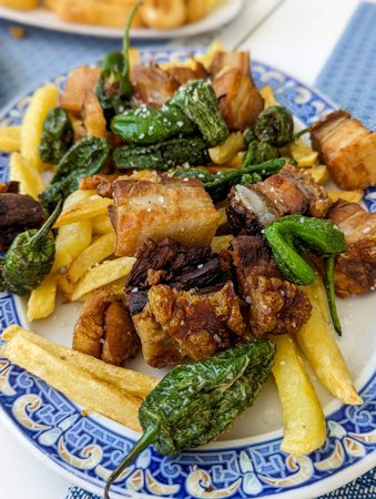 Plate of fried food with green peppers and potatoes.