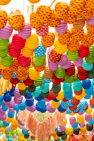 Colorful paper lanterns hanging in a festive display.. Malaga, Spain, celebrationの写真素材