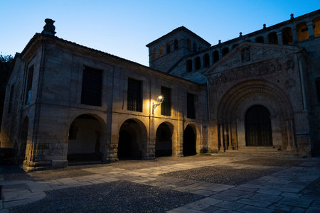 Historic building illuminated at dusk in Santillana.. Santillana del Mar, Santander, Spain, architectureの写真素材