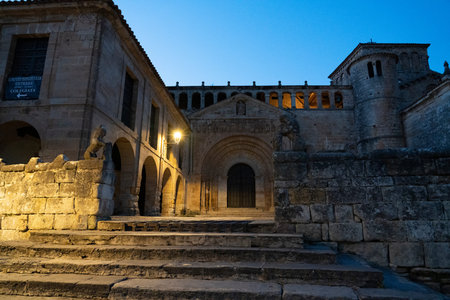 Historic building with stone steps and warm lighting. Santillana del Mar, Santander, Spain, architectureの写真素材
