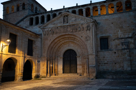 Historic stone building with arched entrance.. Santillana del Mar, Santander, Spain, nightの写真素材