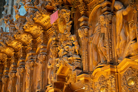 Intricate carvings in a historic cathedral interior.. Choir and organ of the Cathedral of Salamanca, Spain, woodの写真素材