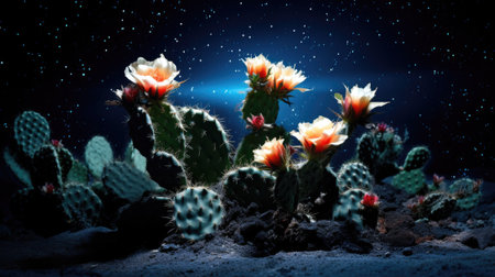 Beautiful cactus at night with starry sky background. 3d renderingの素材