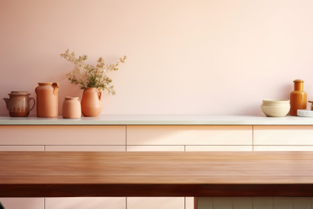 Empty wooden table in modern kitchen interior. Mock up, 3D Renderの素材