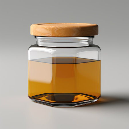 Glass jar with honey on a gray background. 3d rendering.の素材