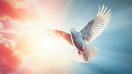 White dove flying in the blue sky with sun rays and lens flareの素材