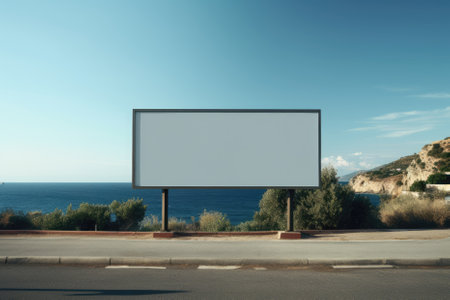 Blank billboard on the road with sea in the background. 3d rendering.の素材