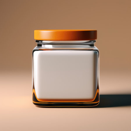 Empty glass jar with orange lid on beige background. 3d renderingの素材