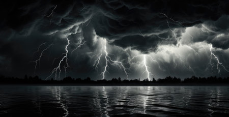 Thunderstorm over the lake at night. Dramatic sky with lightningの素材