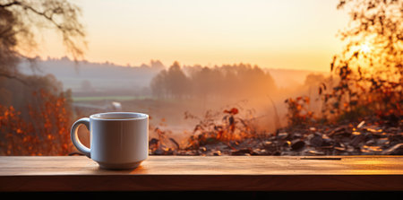 Coffee cup on wooden table in front of blurred autumn landscapeの素材