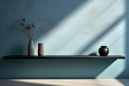 Black shelf with vases on a blue wall. 3d renderingの素材