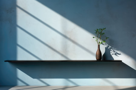 Vase with plant on the shelf against the background of the wallの素材