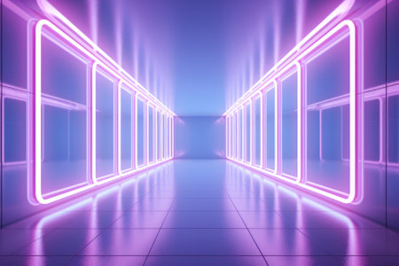Futuristic corridor with neon lights, 3d rendering. Computer digital drawing.の素材