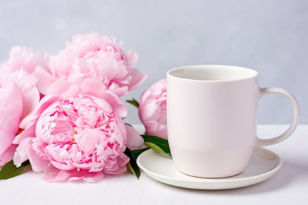 Cup of coffee and peony flowers on white wooden background.の素材