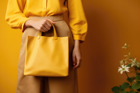 cropped view of woman in yellow blouse holding yellow bag on orange backgroundの素材