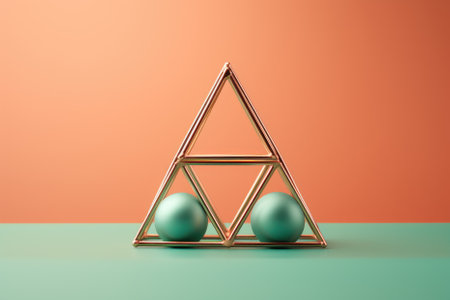 3D rendering of a golden pyramid with green balls on an orange backgroundの素材