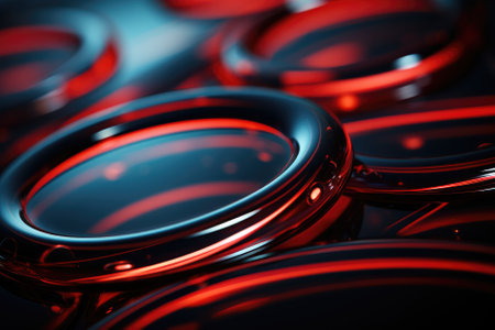 3d rendering of a group of metal rings with red light in the centerの素材