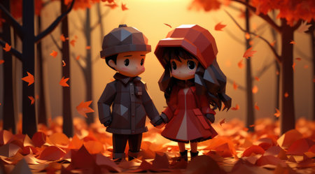 Boy and girl in the autumn forest. 3d illustration. Nature background.の素材