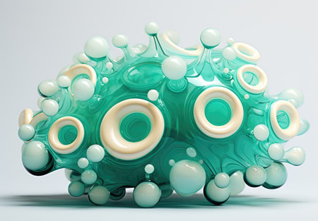 3d illustration of abstract geometric shape made of green and blue spheresの素材