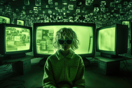 Portrait of a child in front of a computer screen. The concept of cyber bullying.の素材