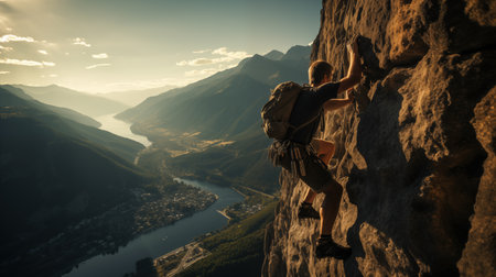 Young man climbing on a rock and enjoying the view of the valleyの素材
