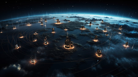 Satellite view on planet Earth with network connections. 3D renderingの素材