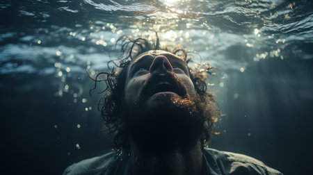 Portrait of a man in the water. Underwater photography.の素材