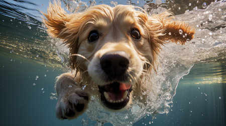 Cute golden retriever swimming underwater and splashing in water.の素材