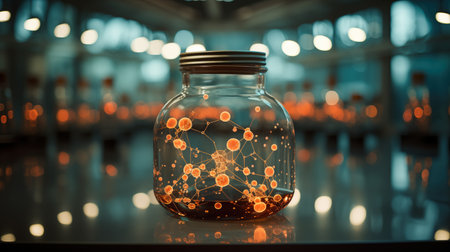 Close-up of a glass jar with a glowing network inside. The concept of science and medicine.の素材