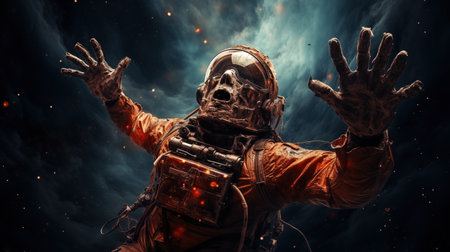 Astronaut in spacesuit reaching out his hands to the sky.の素材